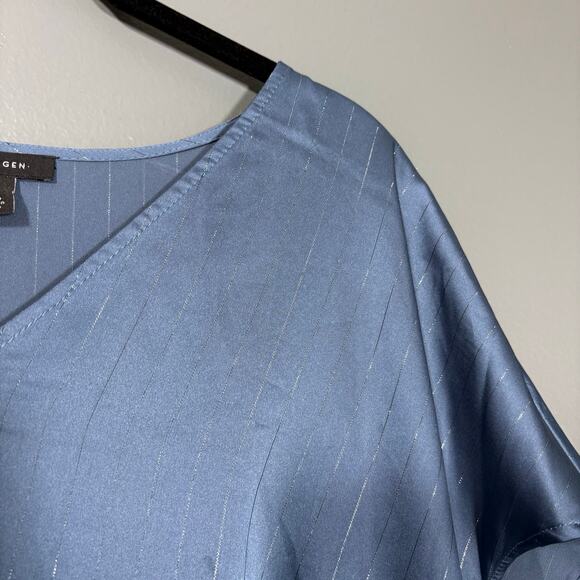 Halogen Blue Pinstripe Office Siren Satin Blouse - Size 2X - Women's Plus Size - Picture 2 of 6